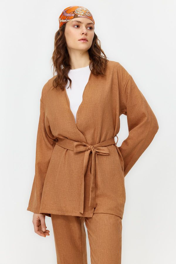Trendyol Trendyol Camel Belted Linen Look Kimono Trousers Woven Top and Bottom Set