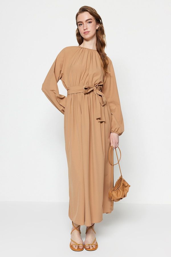 Trendyol Trendyol Camel Belted Shirring Detailed Parachute Fabric Wide Fit Woven Dress