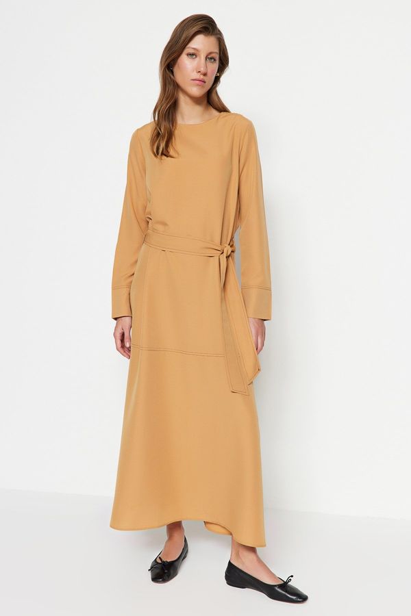 Trendyol Trendyol Camel Belted Stitch Detail Wide Cuff Woven Dress