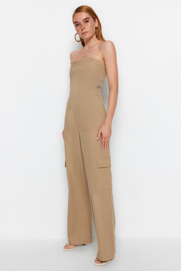 Trendyol Trendyol Camel Cargo Pocket Strapless Collar Maxi Woven Jumpsuit