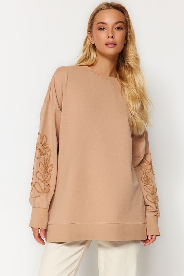 Trendyol Trendyol Camel Casual Cut Sleeves Embroidered Knitted Sweatshirt