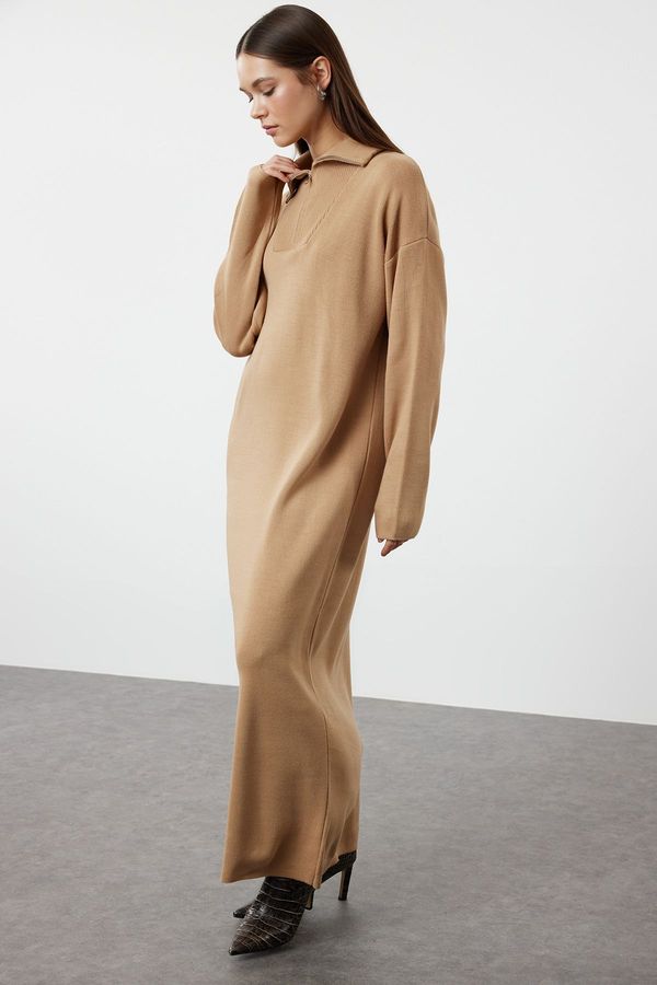 Trendyol Trendyol Camel Comfortable Fit Basic Knitwear Dress with Zipper Collar