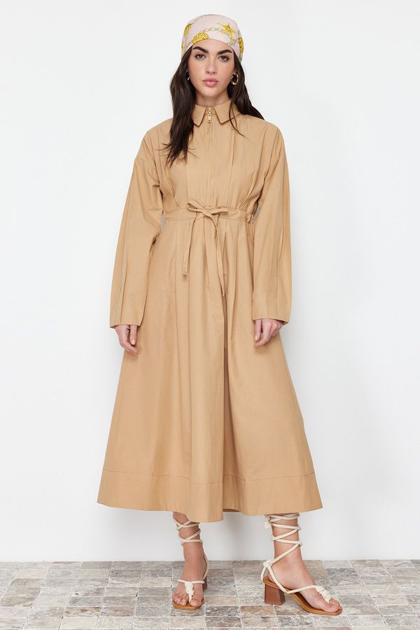 Trendyol Trendyol Camel Cord and Zipper Detailed Woven Dress