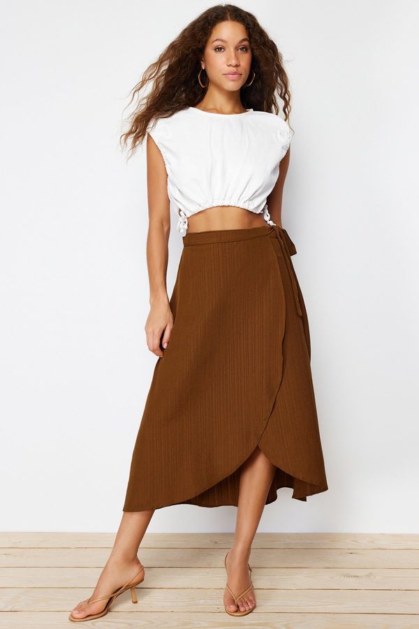 Trendyol Trendyol Camel Double Breasted Closure Tie Detailed Midi Woven Skirt