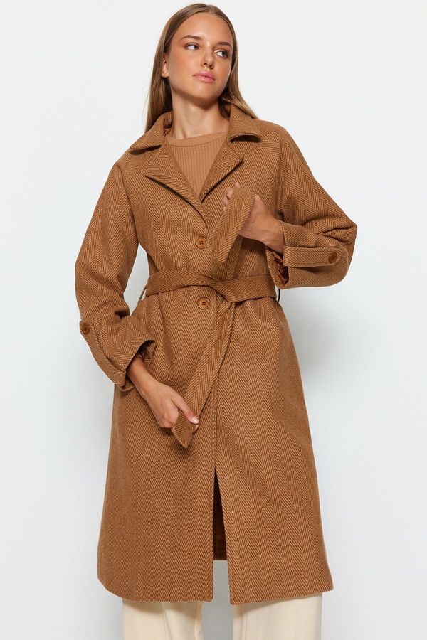 Trendyol Trendyol Camel Herringbone Pattern Oversize Wide-Cut Long Stamped Coat