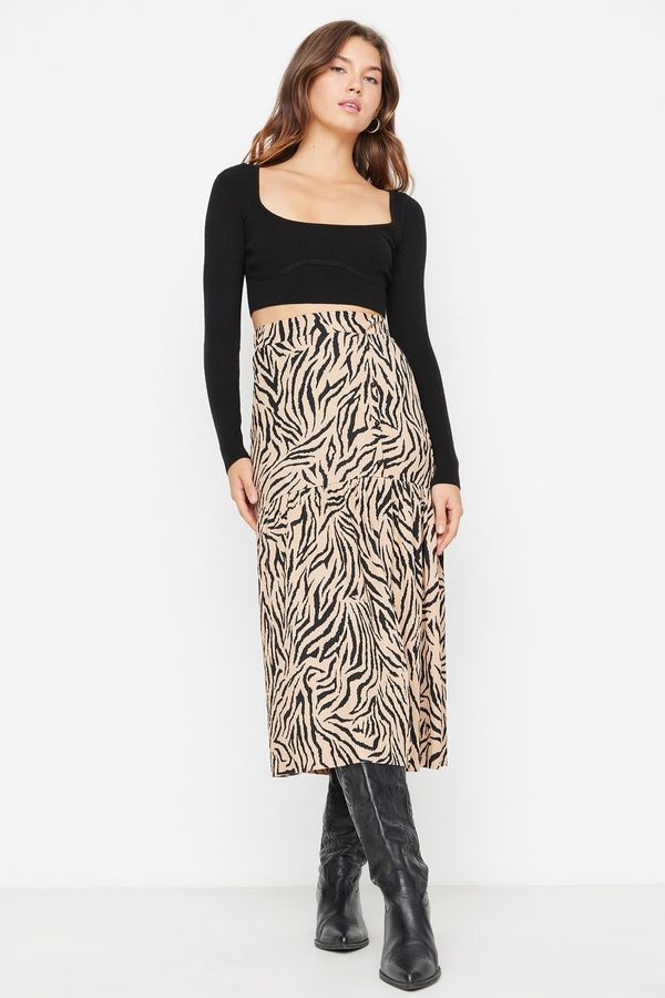 Trendyol Trendyol Camel Knitted Skirt With Slit Detail Flounce