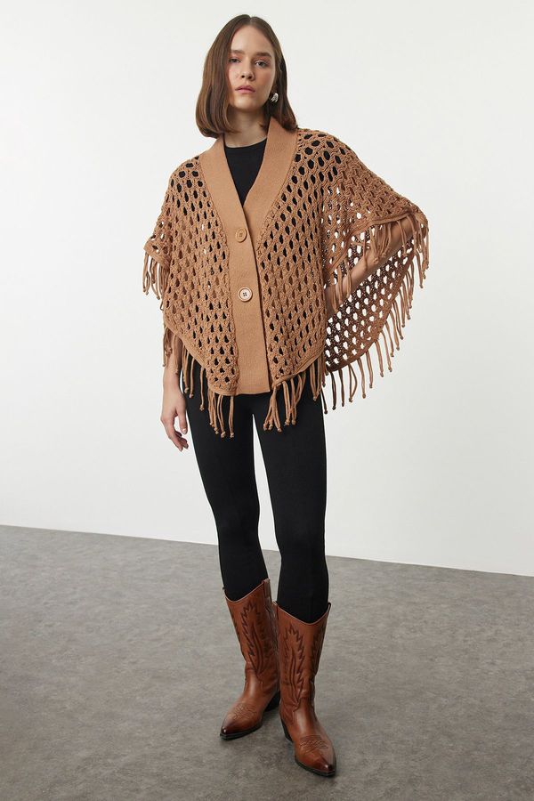 Trendyol Trendyol Camel Openwork/Hole Tassel Detail Poncho Knitwear Cardigan