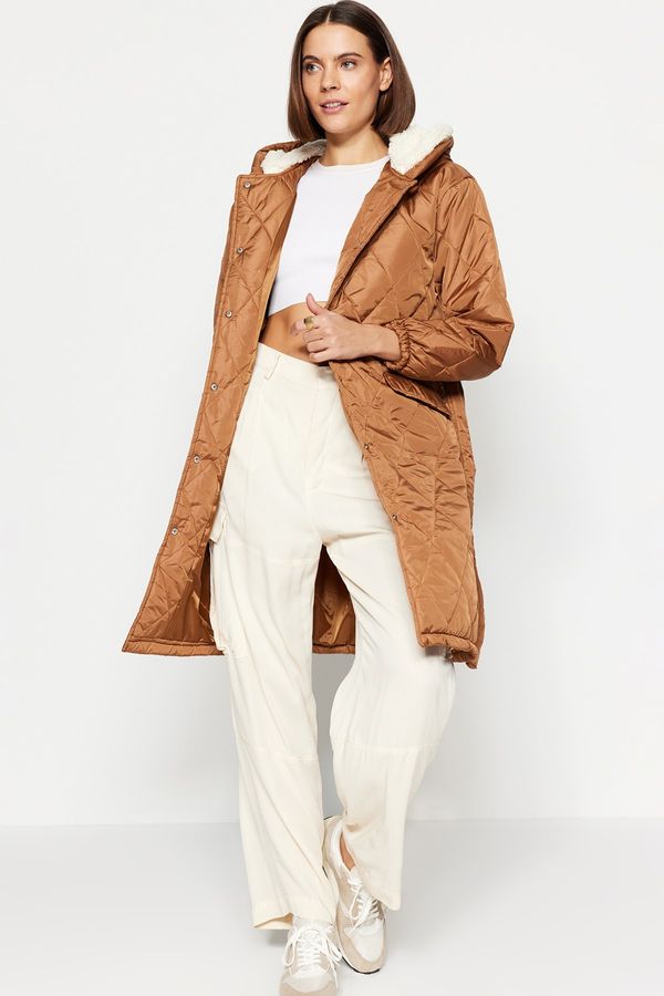 Trendyol Trendyol Camel Oversize Belted Hooded Quilted Coat