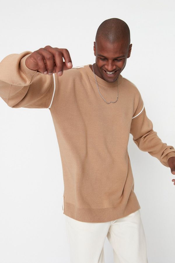 Trendyol Trendyol Camel Oversize Crew Neck Piping Detailed Knitwear Sweater