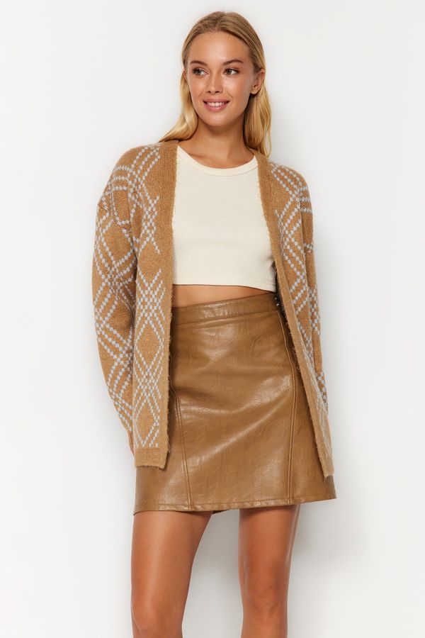 Trendyol Trendyol Camel Oversize Midi Soft Textured Patterned Knitwear Cardigan