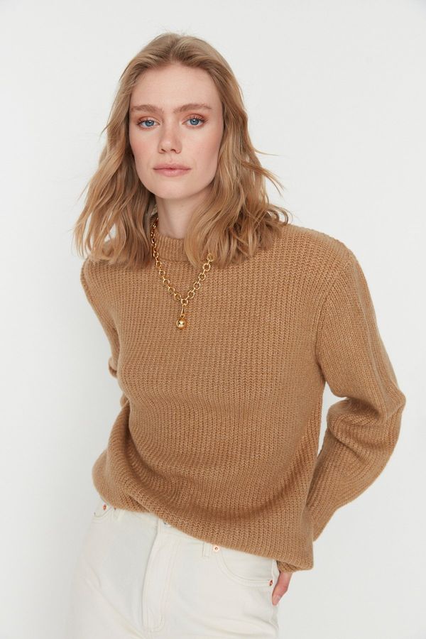 Trendyol Trendyol Camel Oversize Soft Textured Basic Knitwear Sweater