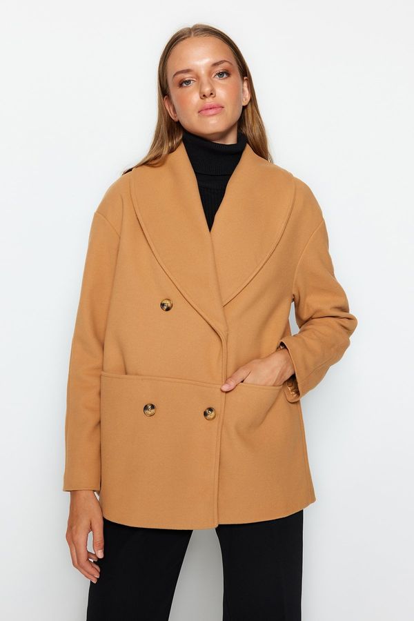 Trendyol Trendyol Camel Oversize Wide Cut Shawl Collar Stamped Coat