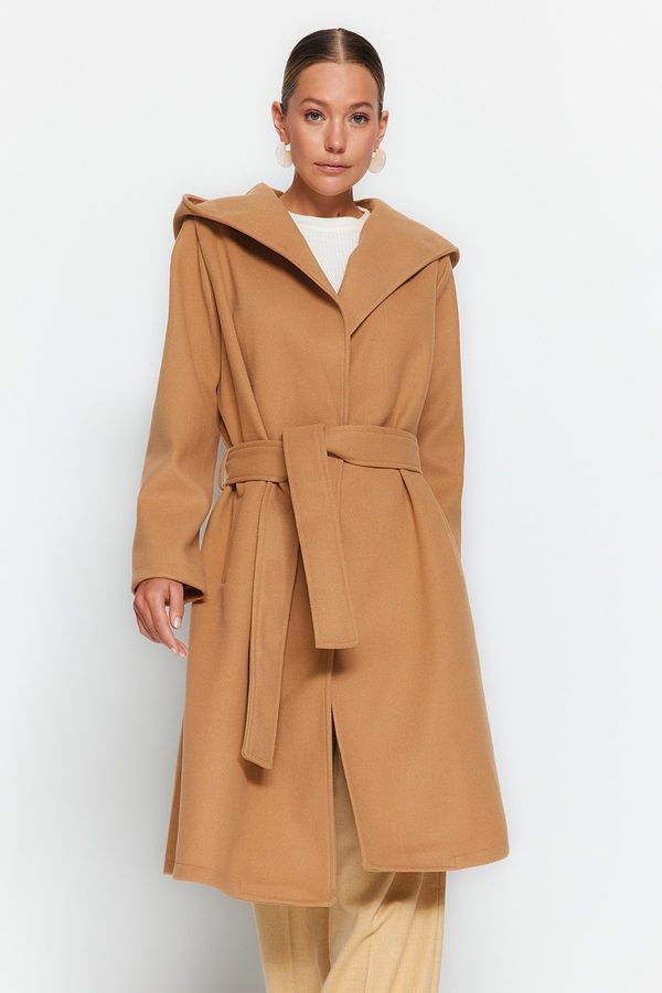 Trendyol Trendyol Camel Oversize Wide-Cut Standard Size Hooded, Belted Long Stamped Coat