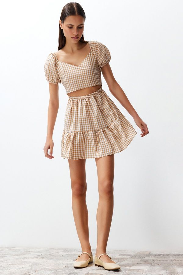 Trendyol Trendyol Camel Petite Checked Dress with Waist Opening Super Mini Woven Window/Cut Out Detail