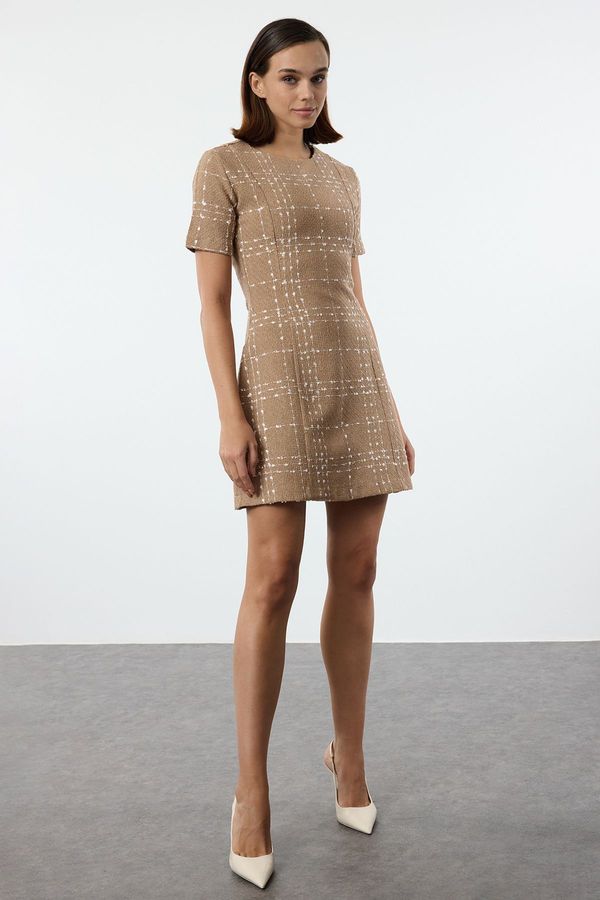 Trendyol Trendyol Camel Plaid / Checkered Straight Cut Mini Tweed Woven Dress