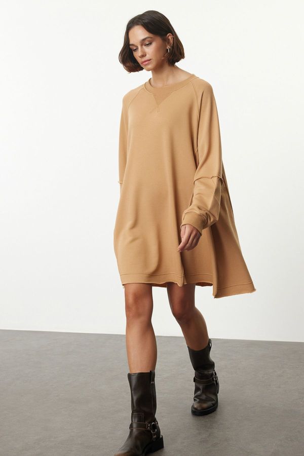 Trendyol Trendyol Camel Plain Relaxed/Comfortable Fit Crew Neck Sweatshirt Knitted Dress