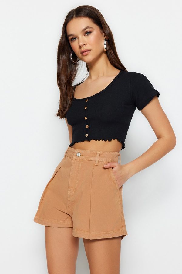 Trendyol Trendyol Camel Pleated High Waist Denim Shorts