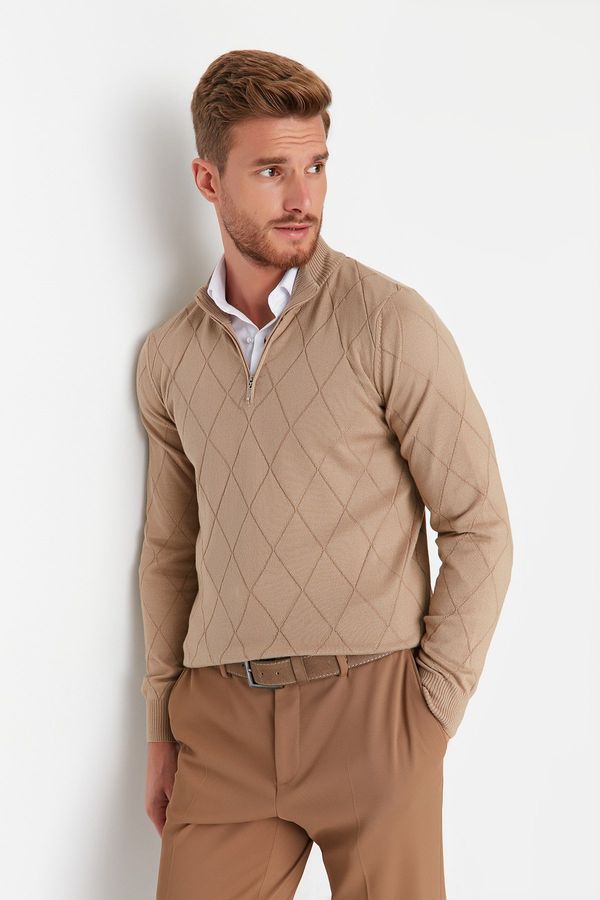 Trendyol Trendyol Camel Slim Fit Cotton Half Turtleneck Zippered Collar Smart Knitwear Sweater