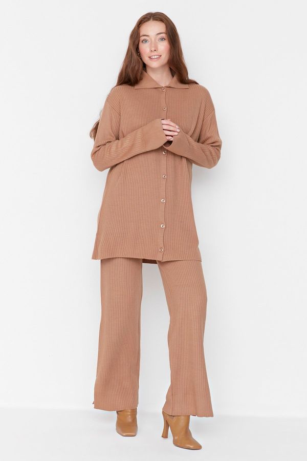 Trendyol Trendyol Camel Slit Detailed Cardigan-Pants Knitwear Set