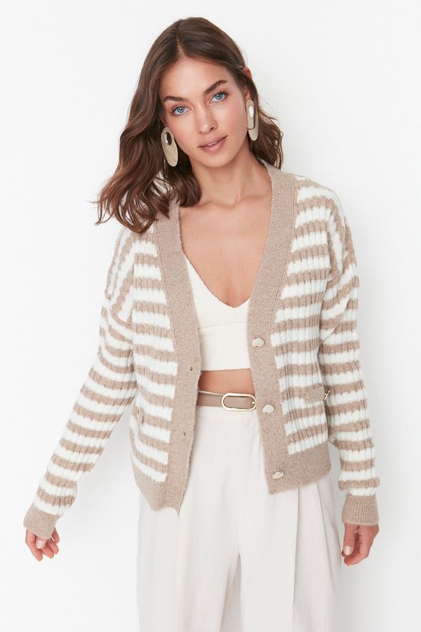 Trendyol Trendyol Camel Soft Textured Striped Knitwear Cardigan