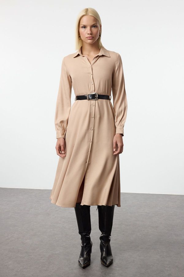 Trendyol Trendyol Camel Straight Belted Midi Woven Shirt Dress Woven Dress