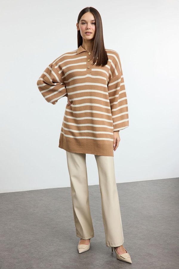 Trendyol Trendyol Camel Striped Double Plaited Sweater