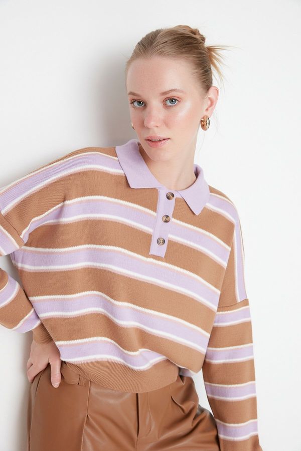 Trendyol Trendyol Camel Striped Polo Neck Knitted Sweater