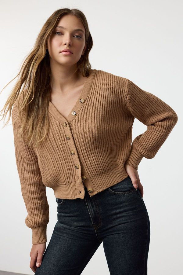 Trendyol Trendyol Camel V Neck Crop Knit Cardigan