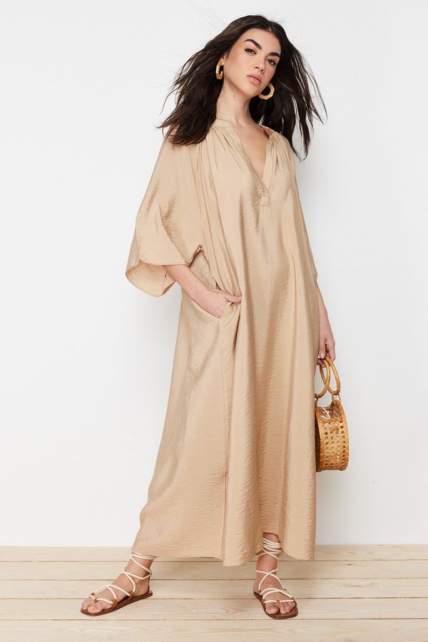 Trendyol Trendyol Camel V Neck Half Sleeve Aerobin Woven Kimono & Kaftan Dress