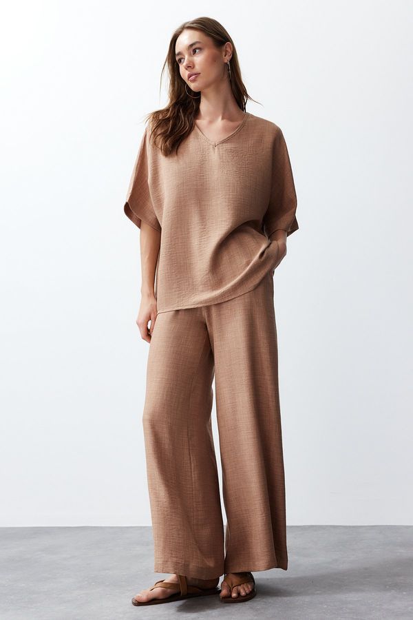 Trendyol Trendyol Camel V Neck Woven Two Piece Set