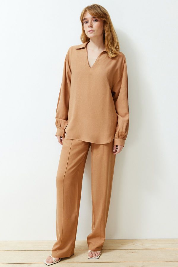 Trendyol Trendyol Camel Wide-Fit V-Neck Blouse Straight/Straight Cut Trousers Woven Two Piece Set