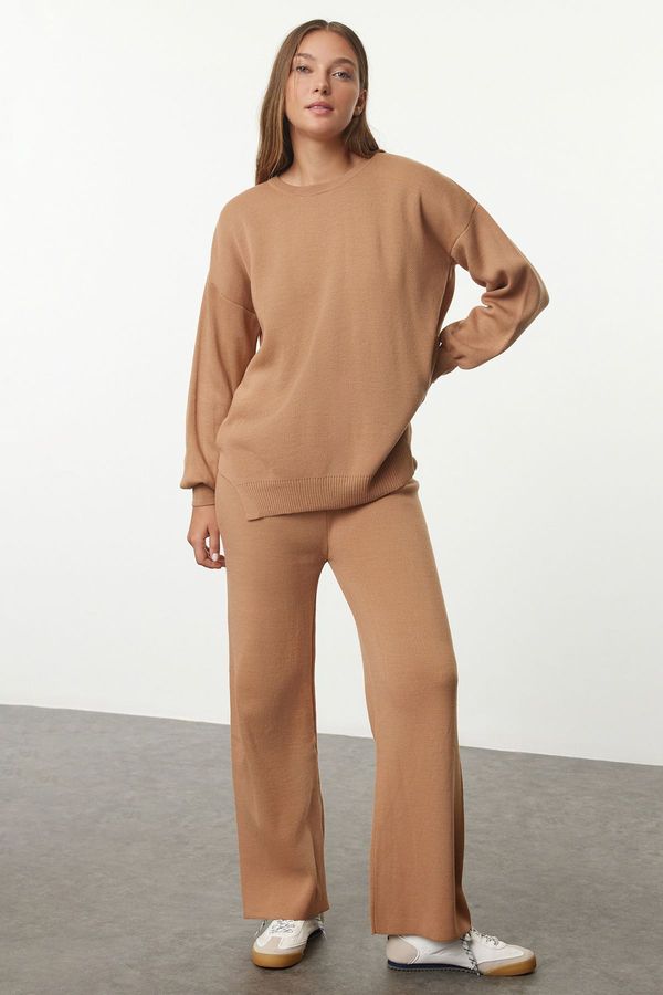 Trendyol Trendyol Camel Wide Pattern Balloon Sleeve Knitwear Bottom-Top Set