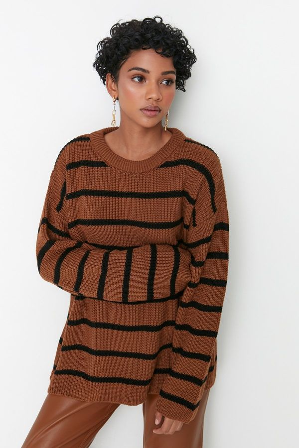 Trendyol Trendyol Camel Wide Pattern Striped Knitwear Sweater