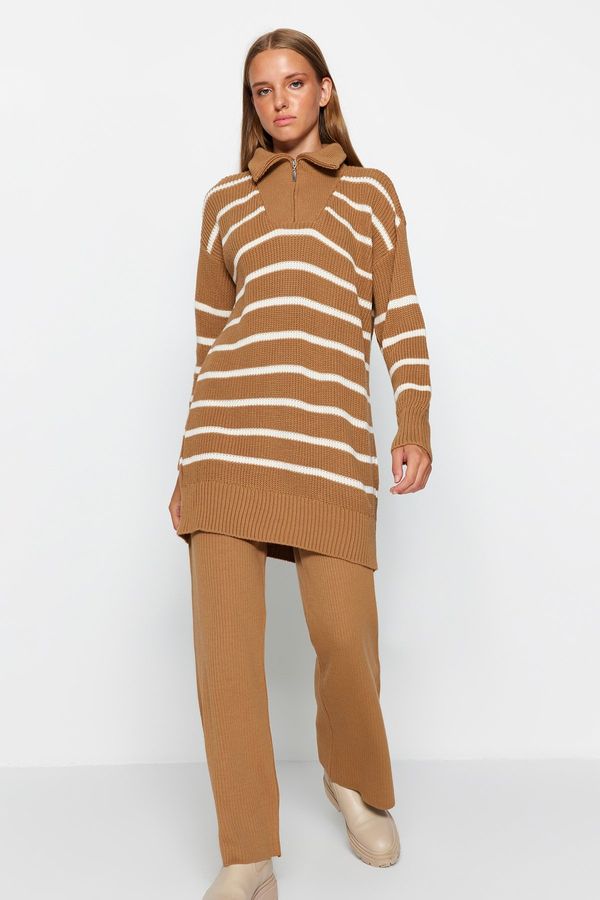 Trendyol Trendyol Camel Zipper Detailed Thessaloniki Striped Knitwear Two Piece Set