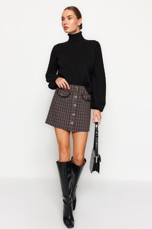 Trendyol Trendyol Checkered Mini Woven Mini Skirt with Pocket and Button Detail in Brown Tweed