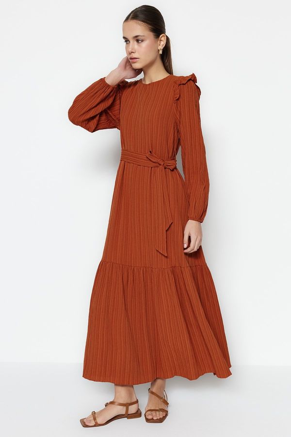 Trendyol Trendyol Cinnamon Belted Viscose Blended Woven Dress With Ruffled Shoulder Skirt Flounce Lined