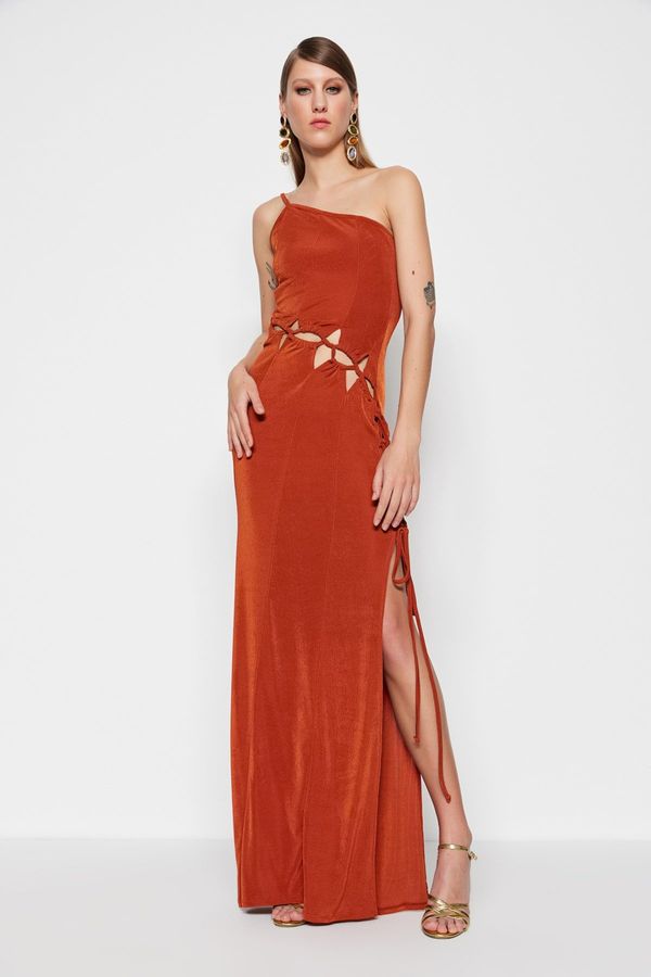 Trendyol Trendyol Cinnamon Knitted Window/Cut Out Detailed Long Evening Evening Dress