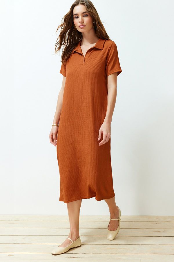 Trendyol Trendyol Cinnamon Polo Collar Short Sleeve Wrap/Textured Knitted Midi Dress