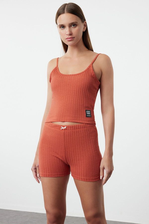 Trendyol Trendyol Cinnamon Ribbon and Label Detailed Fitted Camisole Knitted Pajama Set