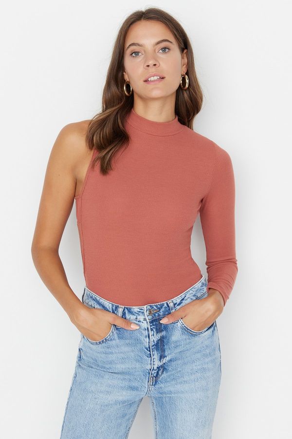 Trendyol Trendyol Cinnamon Stand Collar Cutout Detail Single Sleeve Ribbed Flexible Knitted Snap Button Body
