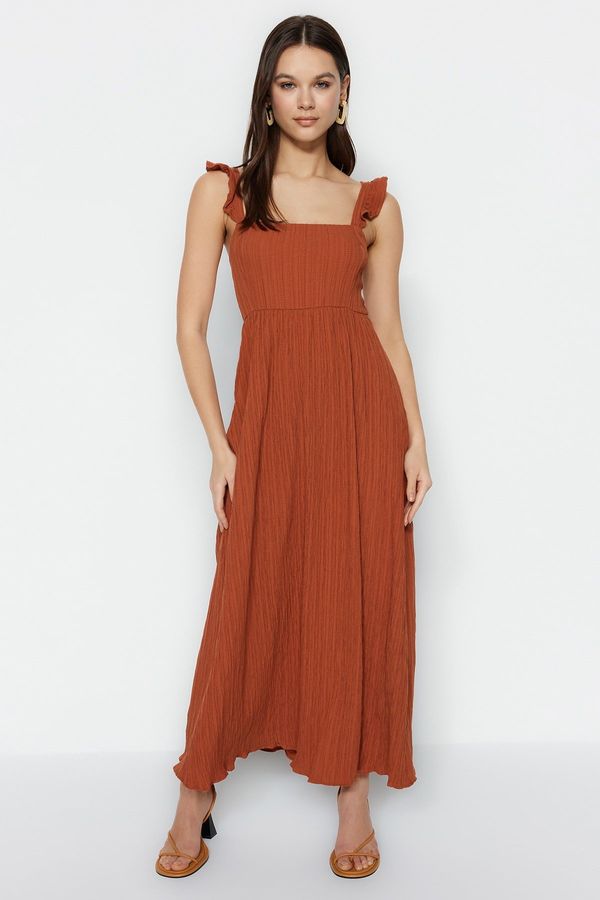 Trendyol Trendyol Cinnamon Straight Cut Square Collar Ruffle Detailed Maxi Woven Dress