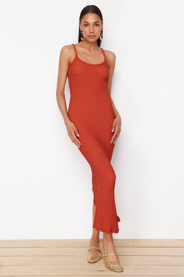 Trendyol Trendyol Cinnamon Textured Plain Bodycone/Fit Strap Maxi Flexible Knitted Pencil Dress