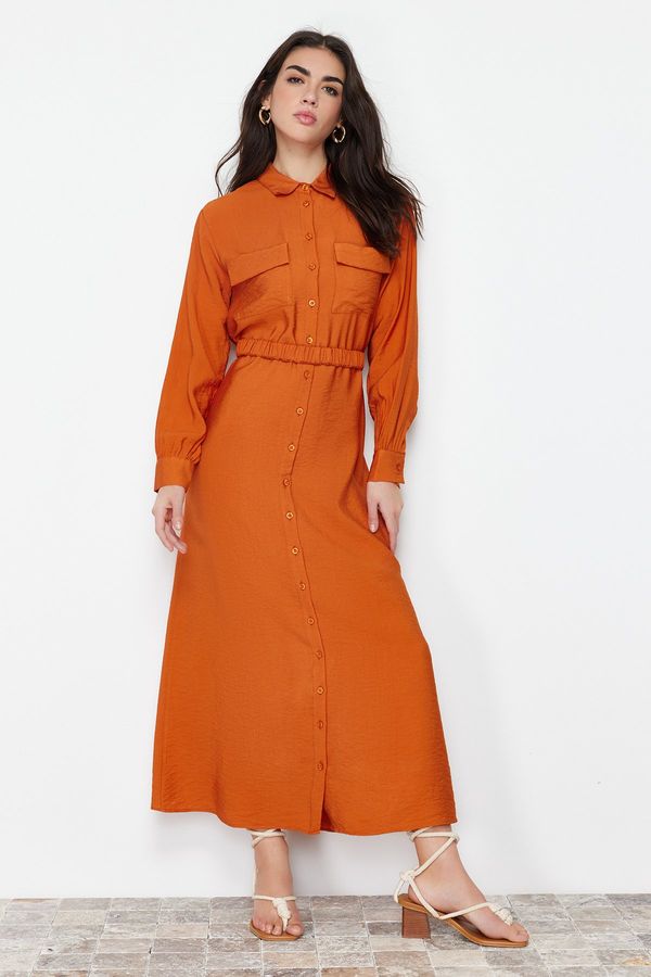 Trendyol Trendyol Cinnamon Waist Rubber Belted Pocket Detailed Woven Dress