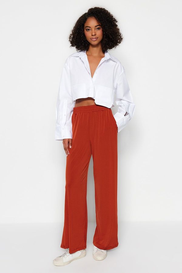 Trendyol Trendyol Cinnamon Wide Leg/Relaxed Cut High Waist Stretchy Knitted Palazzo Trousers