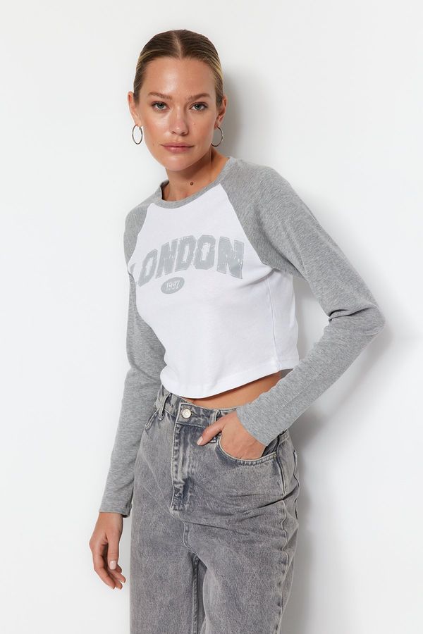 Trendyol Trendyol City Gray Print Color Block Fitted/Sleeping Flexible Crop Knitted T-Shirt