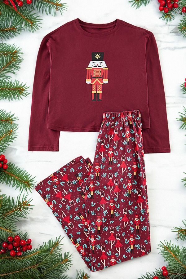 Trendyol Trendyol Claret Red 100% Cotton Christmas Themed Knitted Pajama Set