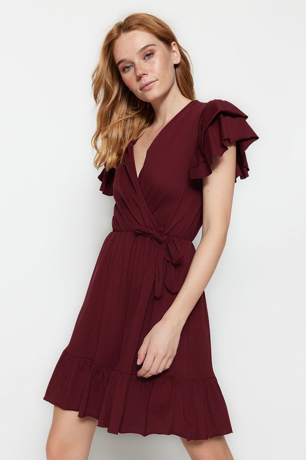 Trendyol Trendyol Claret Red 100% Cotton Flounced Sleeves Ruffle Detailed Double Breasted Mini Knitted Dress