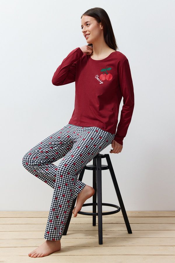 Trendyol Trendyol Claret Red 100% Cotton Fruit Printed Plaid Knitted Pajamas Set