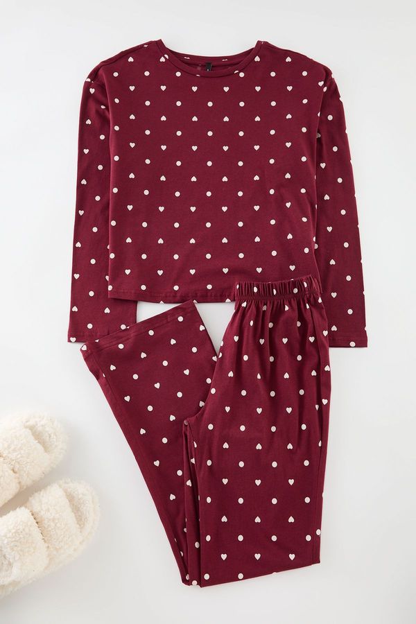 Trendyol Trendyol Claret Red 100% Cotton Polka Dot and Heart Patterned Knitted Pajama Set