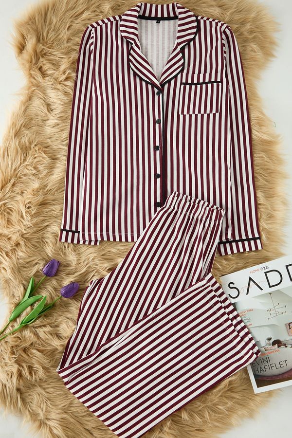 Trendyol Trendyol Claret Red 100% Cotton Striped Piping Detailed Knitted Pajama Set